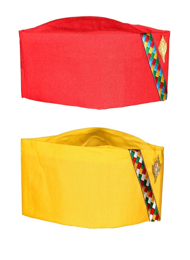 Yanwenx Cotton Uttarakhand Pahadi Topi, Brahmakamal Uttarakhand Cap, Himachali Cap (Set of 2),Red|Yellow - Image 1